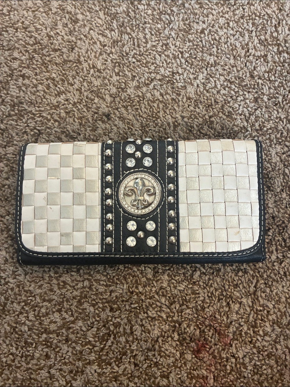 Woven Ivory and Black Accent Women's Wallet with Fleur-de-Lis Medallion